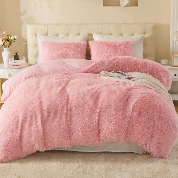 EMME Plush Shaggy Duvet Cover Queen Size 3 Pieces Luxury Fuzzy Comforter Cover Set, Soft Faux Fur Fluffy Winter Bedding Sets (Pink, Queen )