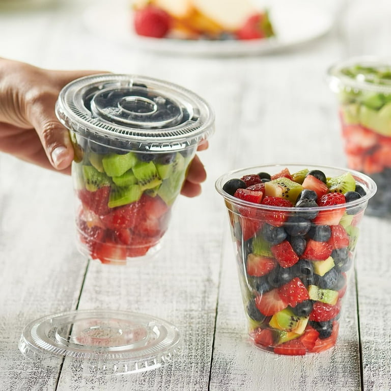 Gusto 12 oz Clear Plastic Cups Disposable Cups with Flat Lids, No Hole, 50-Pack