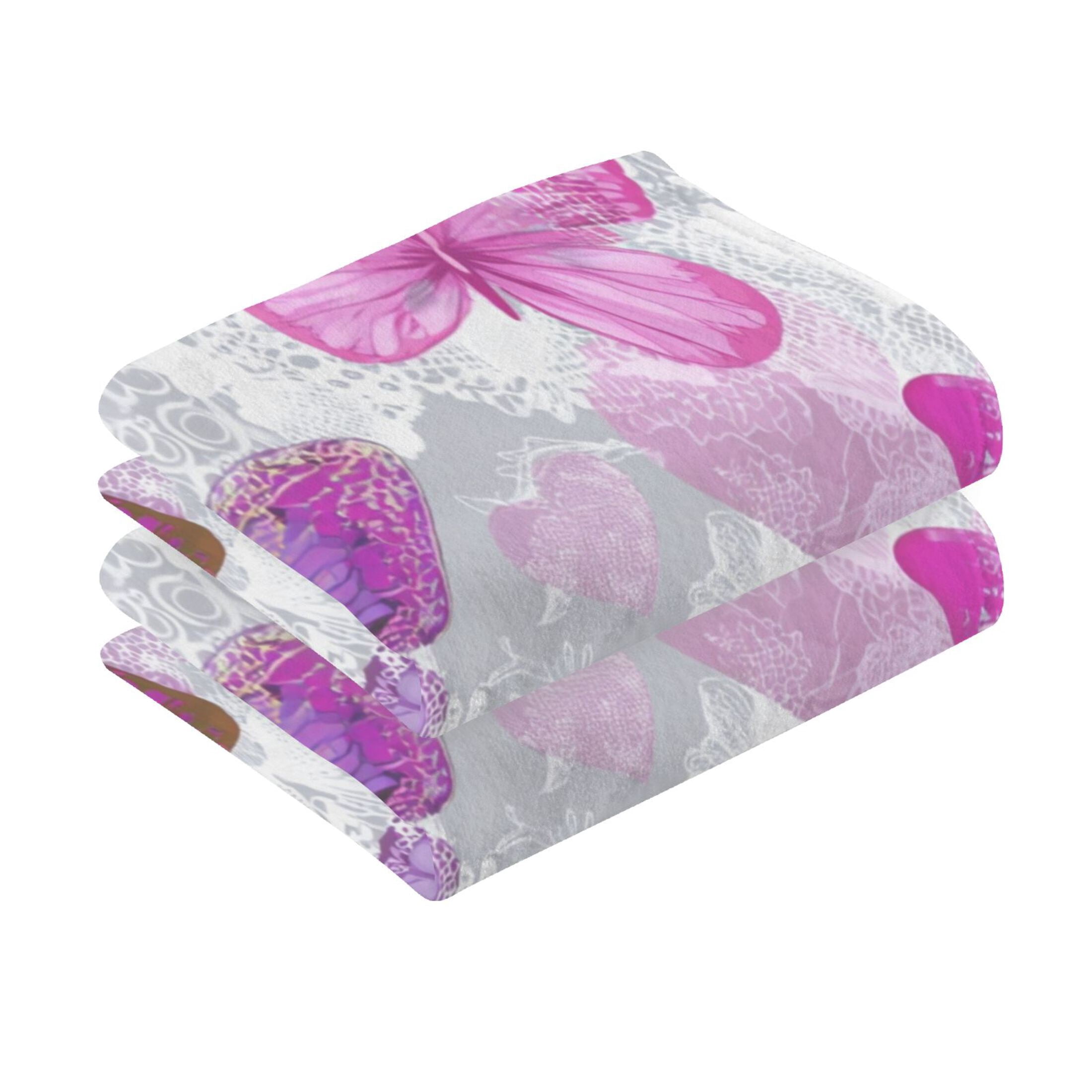 2 Pieces of Cotton Towel Face Towel Set Hand Towel Bath Towel Cotton Bath Towel Sets Pink Purple Butterflies