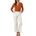 thumbnail image 3 of INSPIRE CHIC Women's V Neck Long Sleeves Button Down Contrast Color Chiffon Shirt Brown Red L, 3 of 7
