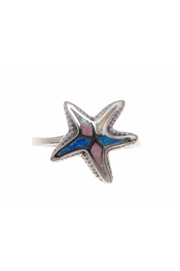 Blue white pink tricolor inlay synthetic opal ring Hawaiian starfish 925 sterling silver size 9