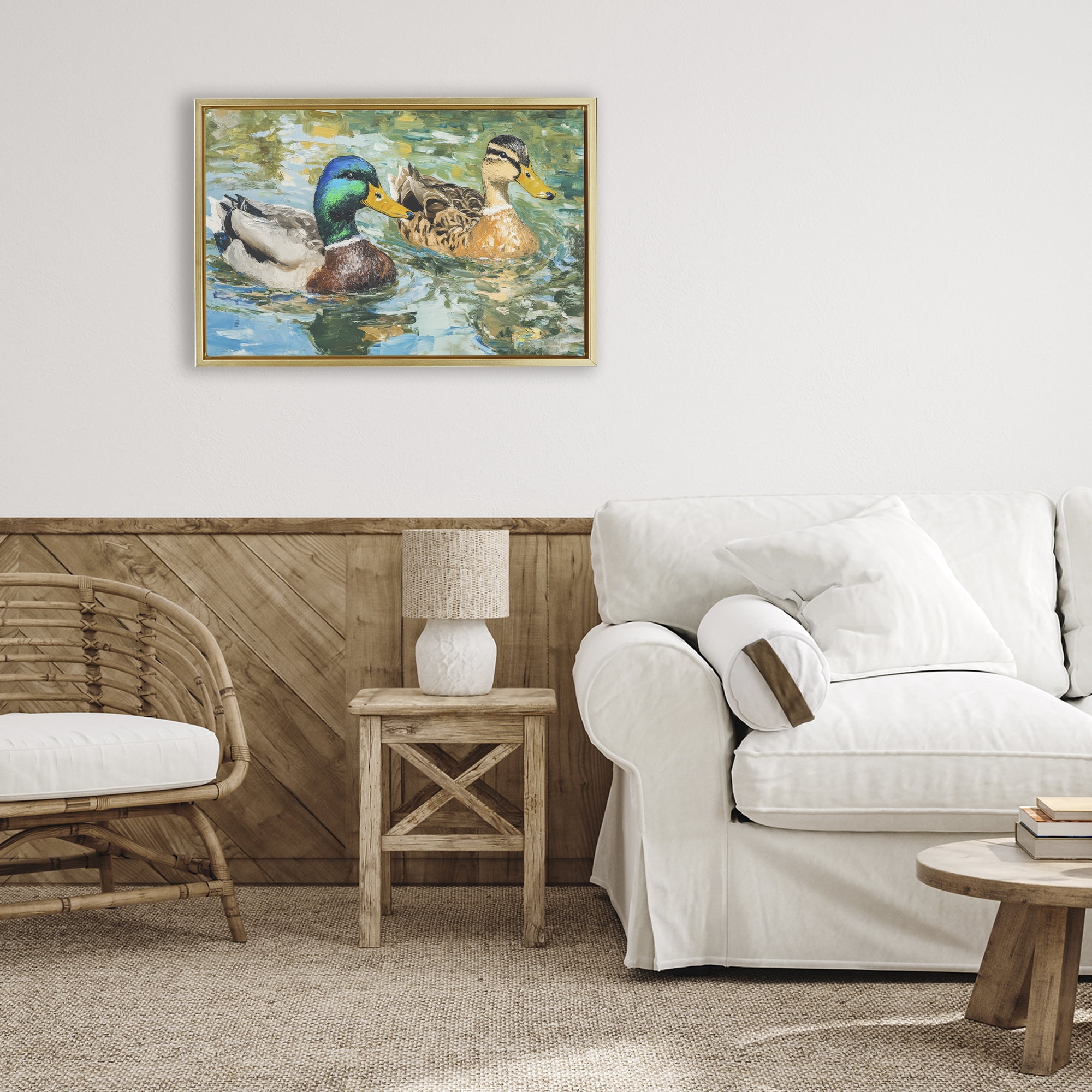 Stupell Industries Ducks Out For A Swim Gold Framed Floater Canvas Wall Art, design by Petal Prints Design