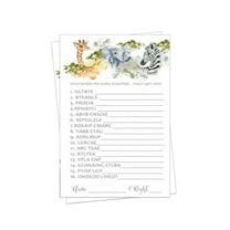 Jungle Word Scramble Game Pack (25 Players) Boys Baby Shower Games - Unscramble Guessing Activity for Gender Reveal - Wild Safari Prince Theme - Printed Event Supplies - Paper Clever Party