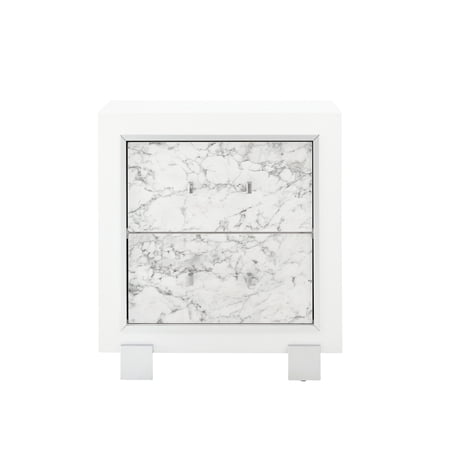 White Nightstand With Spacious Drawers And Marble Look Expansive Drawer Capacity Fashionable
