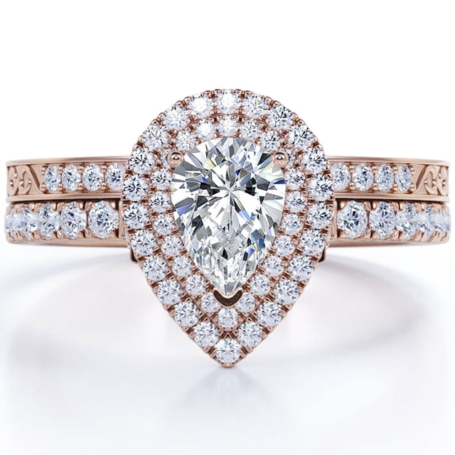 JeenMata Conjunto Nupcial de Moissanita con Halo Doble en Forma de Pera de 1,75 Quilates con Decoración Eduardiana Certificada en Baño de Oro Rosa de 18 K sobre Plata