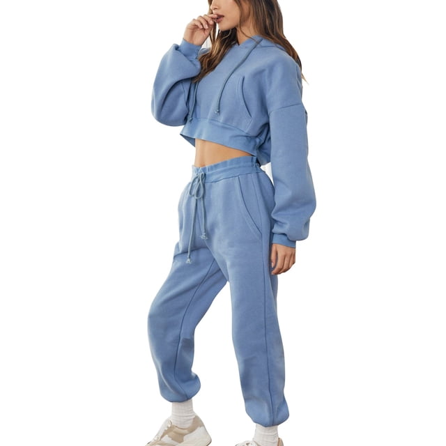 2 piezas de sudadera con capucha para mujer, pantalones largos, jersey de manga, color puro con bolsillo, ajuste holgado informal