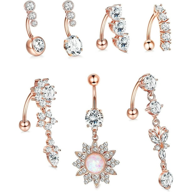 7 Pcs Dangle Belly Button Rings for Women Surgical Clear CZ Barbell