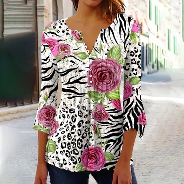 ICHUANYI Clearance Women's Casual Trumpet 3/4 Sleeve Printed Buttoned Basic Ruched Corset Tunic Tops Pleated T-shirts Blouses(Black, S) ICHUANYI WER2023081107429