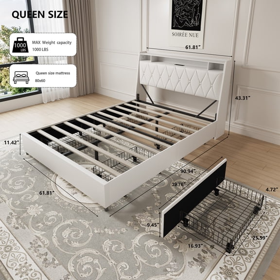Queen Bed Frame with Ergonomic Headboard, Platform Bed Frame Queen Size with Outlets & Charger, Metal Bed Frame Queen Size with Storage Shelf, Noise-Free, No Box Spring Needed