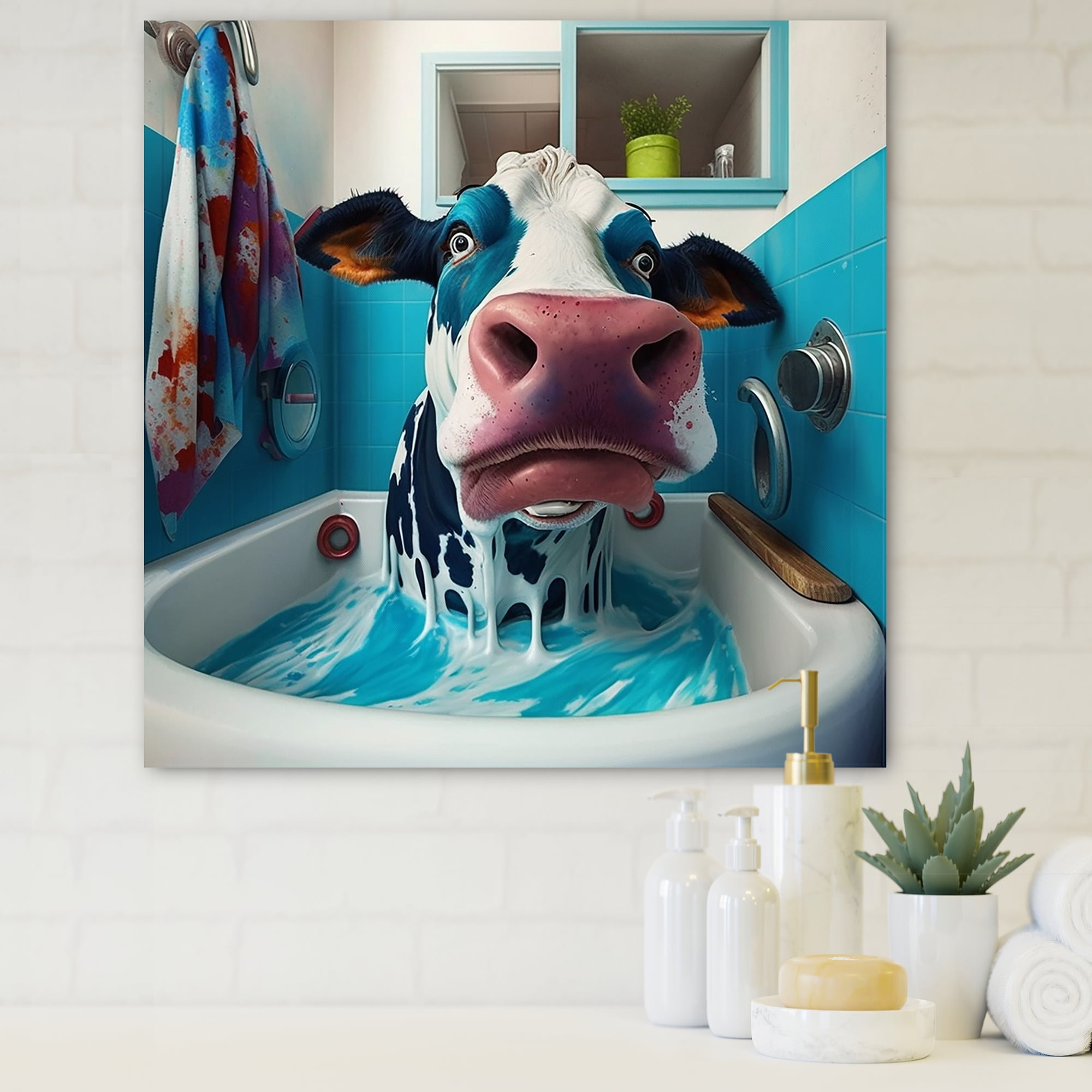Designart Cartoon Cow Splashing In The Tub I Canvas Wall Art