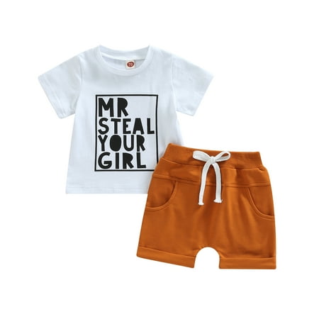 

Elippeo Toddler Boys Summer 2pcs Outfits 6M 12M 18M 24M 3Y Letter Print Short Sleeve T-shirt and Stretch Casual Shorts Set