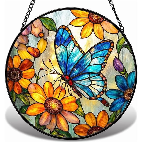 Butterfly Stained Glass Window Hanging Sun Catcher, Sunflowers Suncatcher for Window Decoration, Nature-Inspired Home Decor Gift for Women, Mom BS032 (6.3IN)