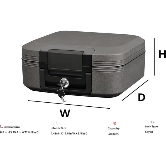 Dark Gray Fireproof and Waterproof Safe with Key Lock, Chest Lock Box with Carrying Handle for Travel, 0.28 Cubic Feet, 6.6 x 15.4 x 14.3 Inches