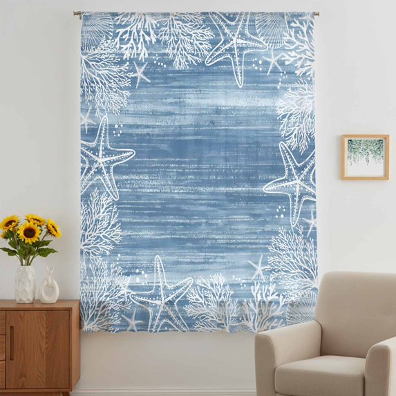 Blue Coastal Nautical Sheer Curtains 72 Inches Long, Summer Ocean Sea Waves Starfish Coral Light Filering Curtains, Breathable Simi Curtain Privacy Drapes for Living Room Bedroom Window Treatment