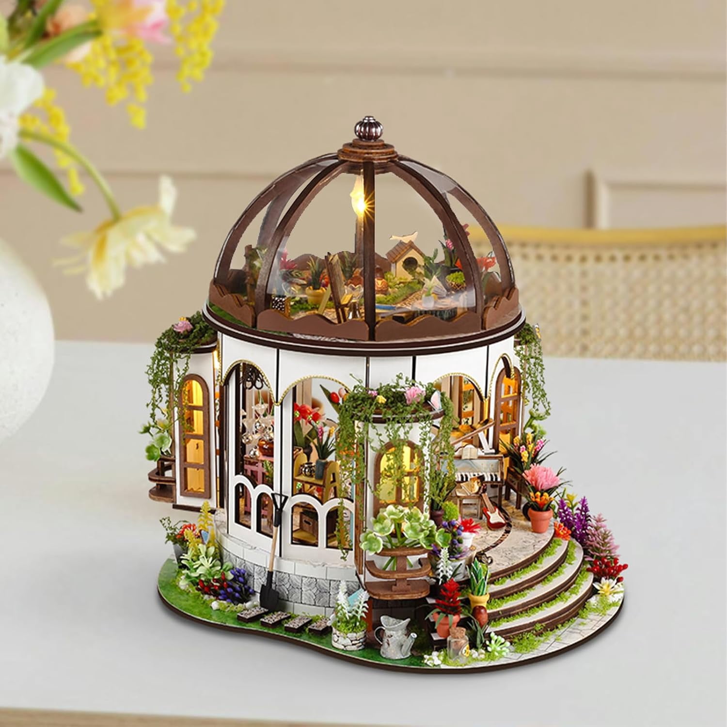 DIY Miniature House Kit, Wooden Garden Mini House with Furniture & LED Light, Creative Dollhouse Kit, Model Building Kit for Adults