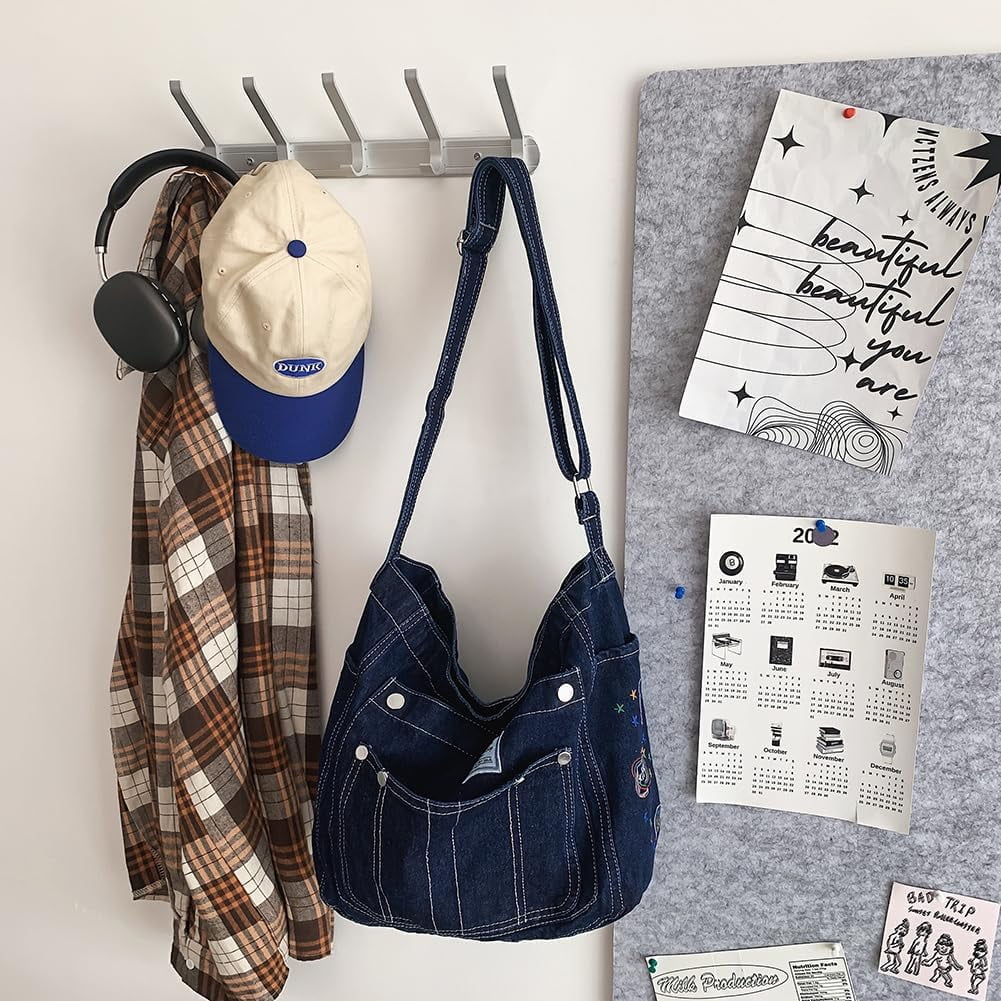 Denim Hobo Crossbody Bag for Women Large Shoulder Handbag Messenger Bag Retro Tote Bag for Casual Work Travel