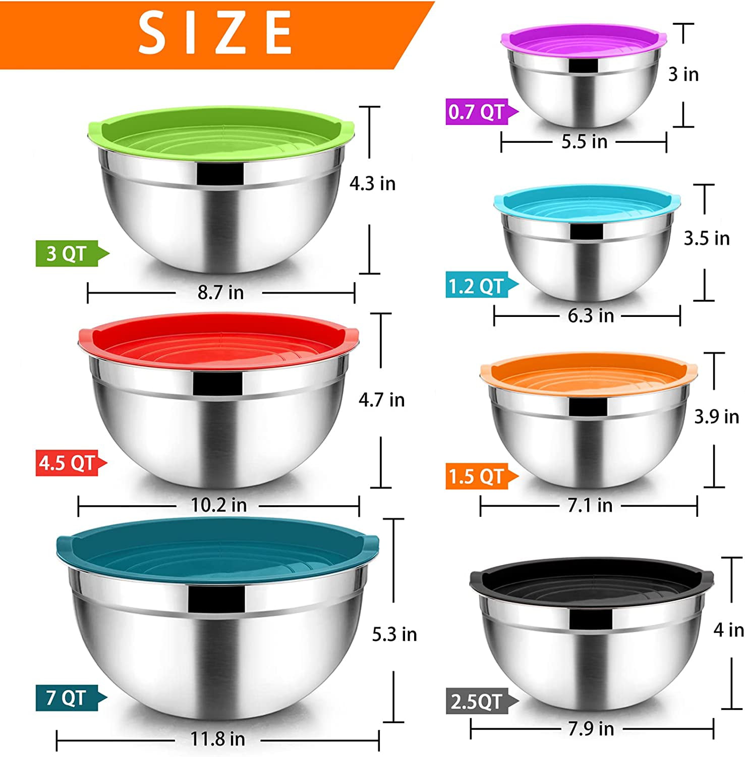 EHOMEA2Z Mixing Bowls Metal Stainless Steel Set (7 Pack) Kitchen Nesting  Bowls for Space Saving Storage Gadgets, Baking, Cooking, Breader Bowl