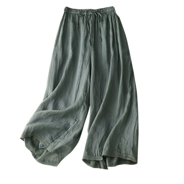 AherBiu Wide Leg Pants for Women Drawstring High Waisted Cotton Linen Summer Lightweight Cropped Trousers