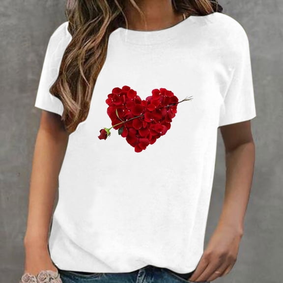 DailyTrove Women's Red Rose Heart T-Shirt - Short Sleeve Casual Tee, Romantic for Valentine's & Outings