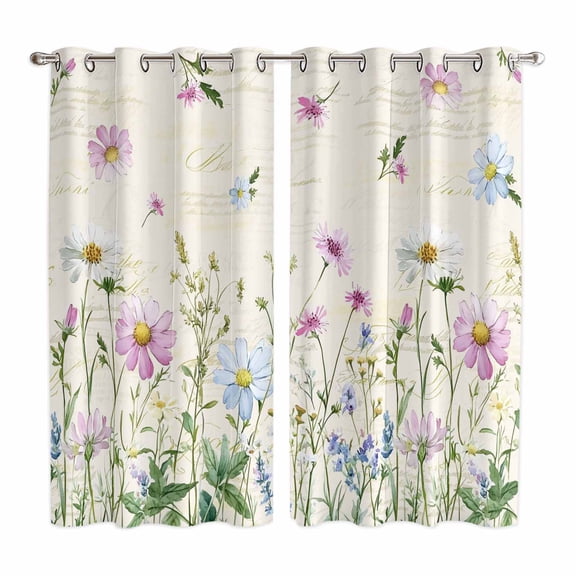 Vintage Flower Kitchen Curtains 63 Inch Length, Botanical Wildflower Plant Country Daisy Grommet Top Bedroom Living Room Curtains, Light Filtering Cafe Curtain Drapes 2 Panels Set 84''x63''