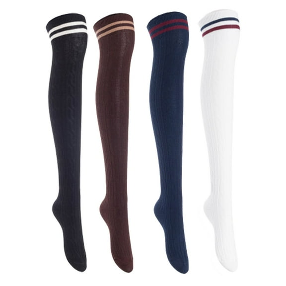 Lian Lifestyle Women's 4 Pairs Incredible Durable Super Soft Unique Over Knee High Thigh High Cotton Socks, Size US 6-9, JMYP1023 Black, Coffee, Navy, White