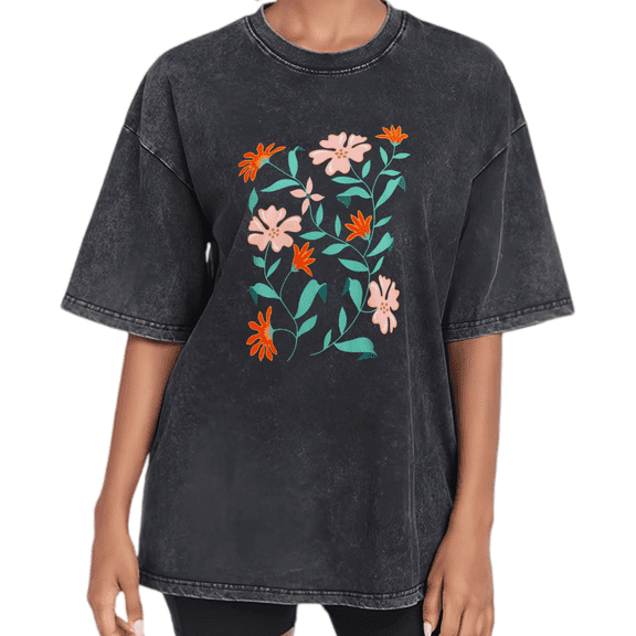 UNISHE Women's Modern Botanical Vintage Washed T-Shirt Short Sleeve Retro Floral Graphic Distressed Oversized Fit Tee
