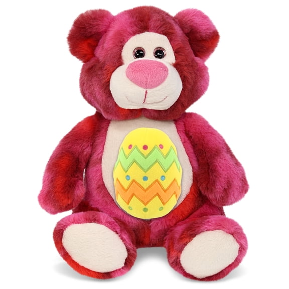 DolliBu Pink Tie-Dye Bear with Yellow Easter Egg Plush - Perfect Bear Stuffed Animals for Easter Basket, Cute Easter Egg Stuffed Animal Spring Toys for Girls, Boys, and Babies - 9 Inches