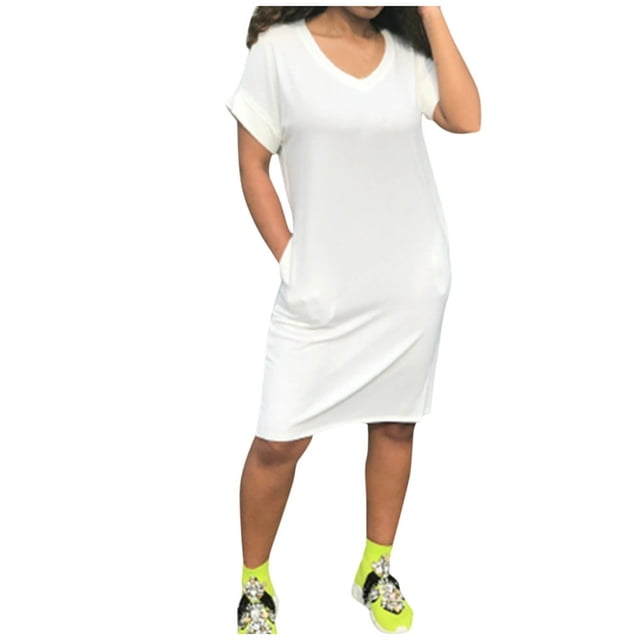 Robe T-Shirt Décontractée d'Été pour Femmes Col en V Manches Courtes Mi-Longue avec Poches
