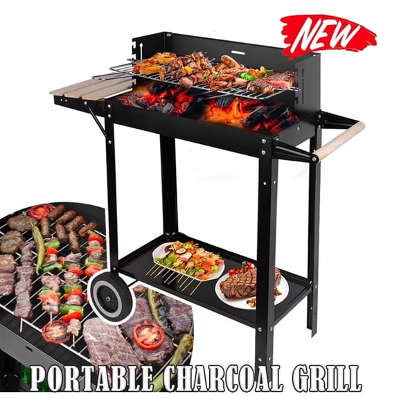 Linsen-outdoors Stainless Steel Charcoal Grill with Wheels - Heavy-Duty Roller Cart & Handles for Easy Moving, Portable Outdoor BBQ Grill Perfect for Backyard and Patio