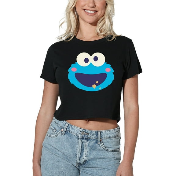 Sesame Street Cookie Monster Kawaii Face Women's Crop Top T-Shirt, Black, X-Large