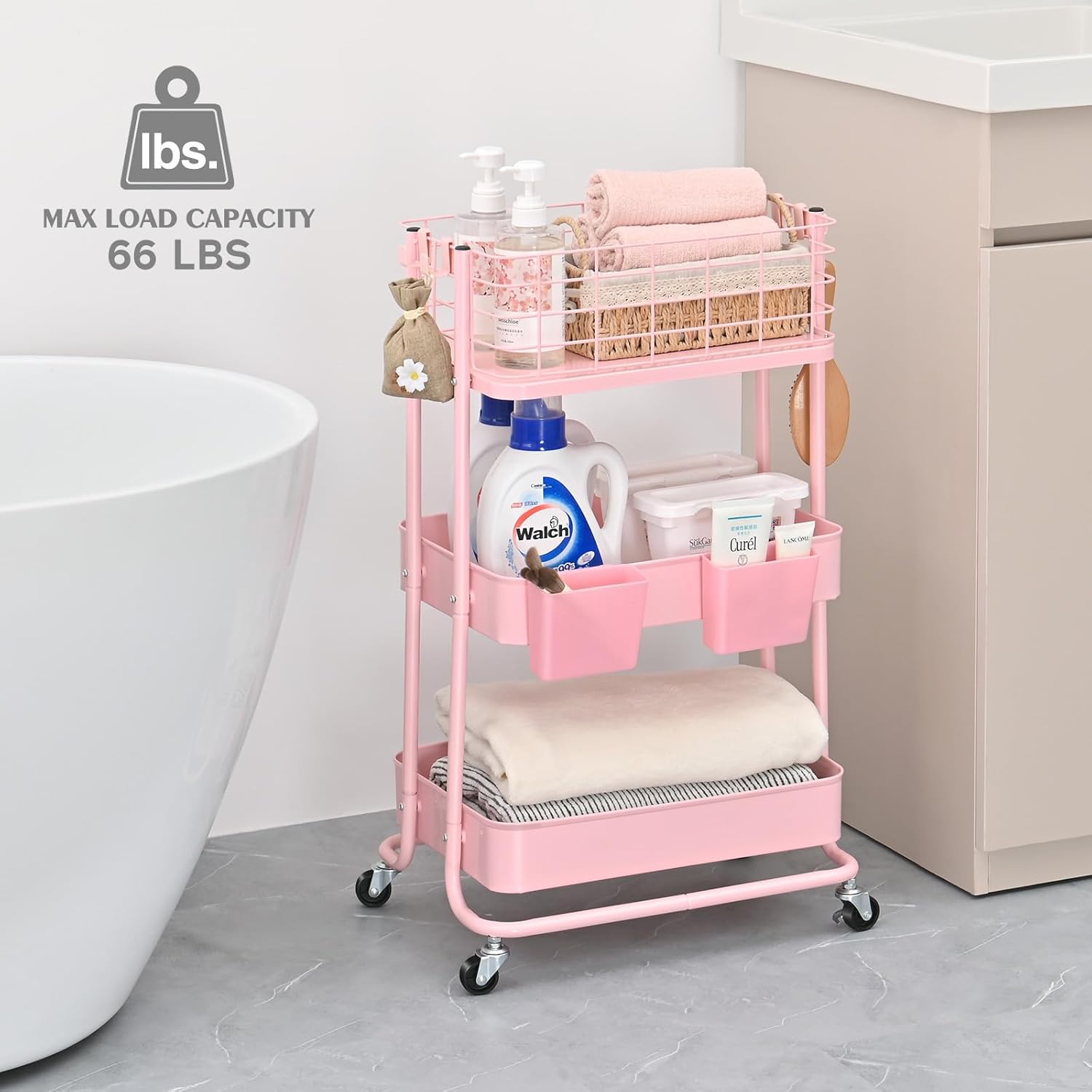 3 Tier Utility Rolling Cart, Metal Storage Cart with Lockable Wheels, Multifunctional Storage Organizer Trolley with Mesh Baskets for Kitchen, Living Room, Office, Bathroom, Garage, Pink