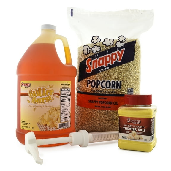 Snappy Butter Burst Popcorn Oil for Popping and Popcorn Topping, 12.5 lb Snappy White Popcorn Kernels, Buttery Flavored Popcorn Salt and Oil Pump Dispenser for 1 Gallon Jug