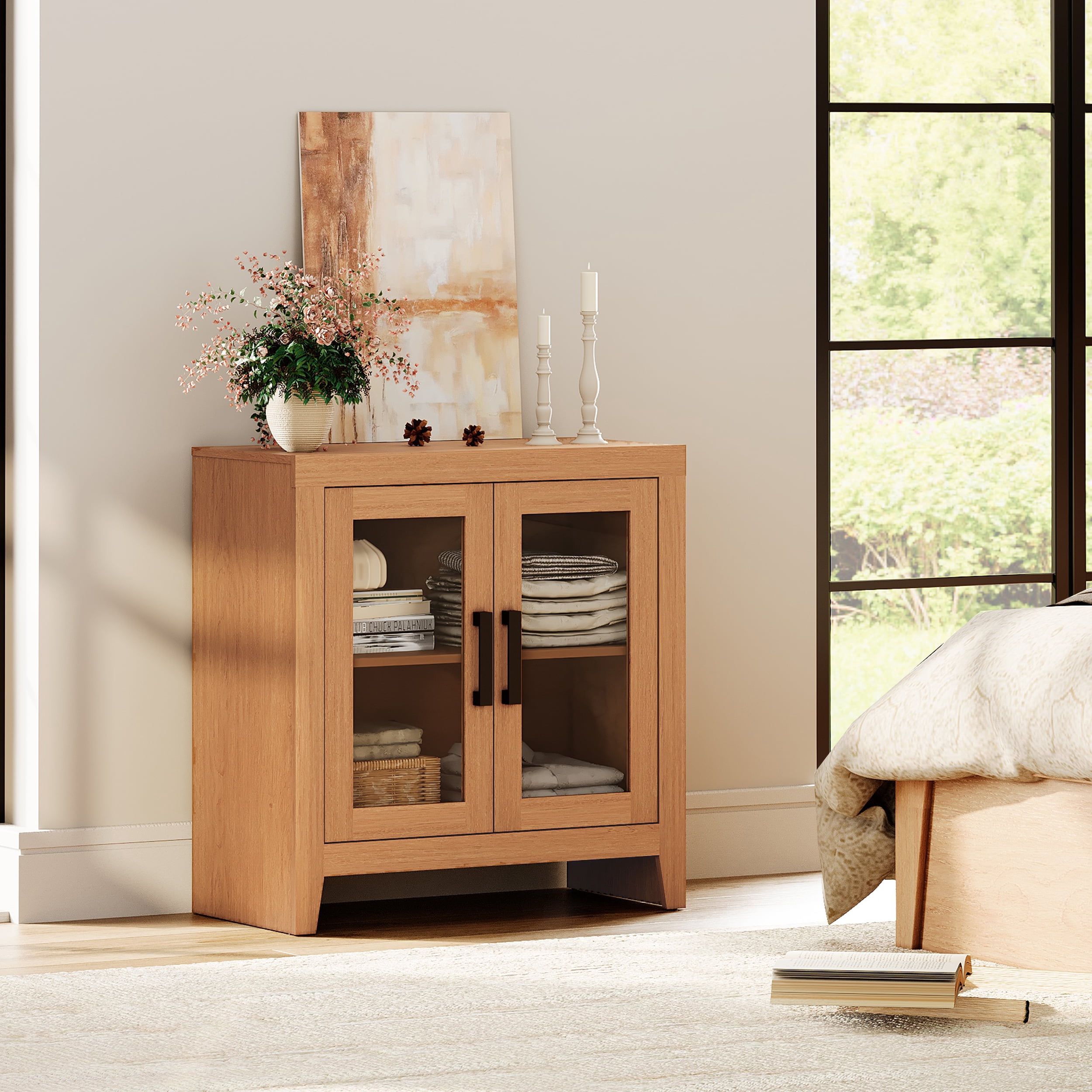 WAMPAT Modern Farmhouse TV Stand up to 40"TV, Entertainment Center with Tempered Glass Doors & Adjustable Shelves, Mocha