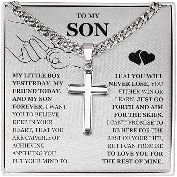 To My Son Artisan Cross Necklace with Cuban Link Chain, Inspirational Gift from Parents, Christian Cross Pendant, Meaningful Birthday or Graduation Gift for Son