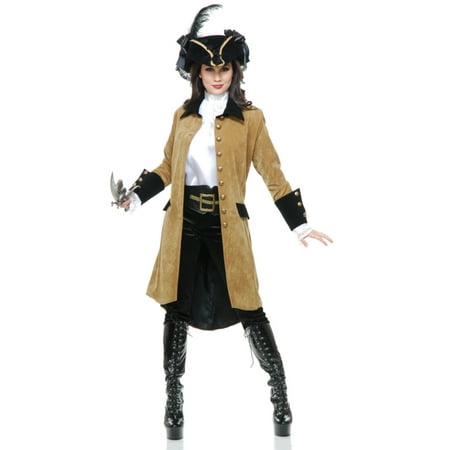 Womens Tan And Black Elegant Pirate Lady Captain Long Costume Jacket Coat