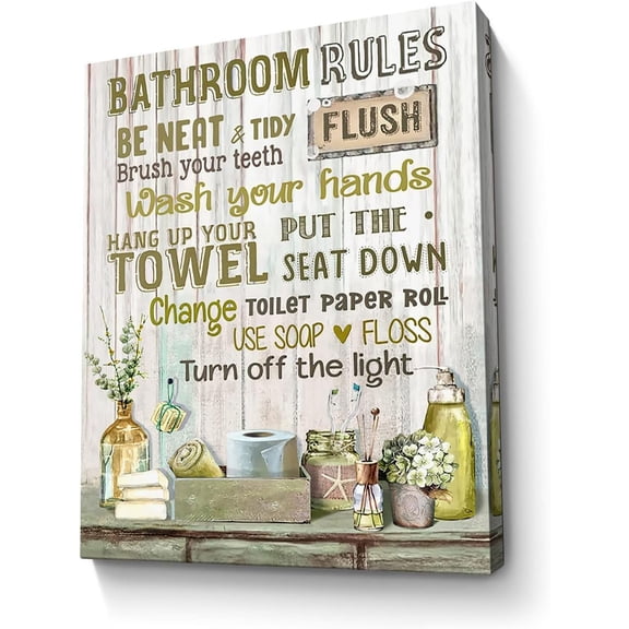 Bathroom Decor Canvas Wall Art Rustic Bathroom Rules Sign Picture Yellow Bathroom Wall Decor Painting Framed Modern Artwork for Bathroom Toilet LaundryRoom Decor 12x16 inch