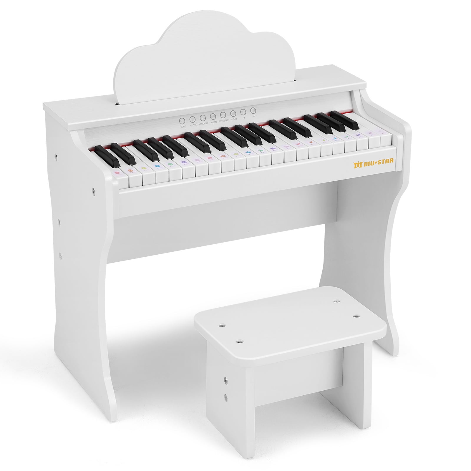 Mustar 37 Keys Kids Wooden Electronic Digital Piano Keyboard Music Education with Stool, Songbook, DIY Stickers (White)