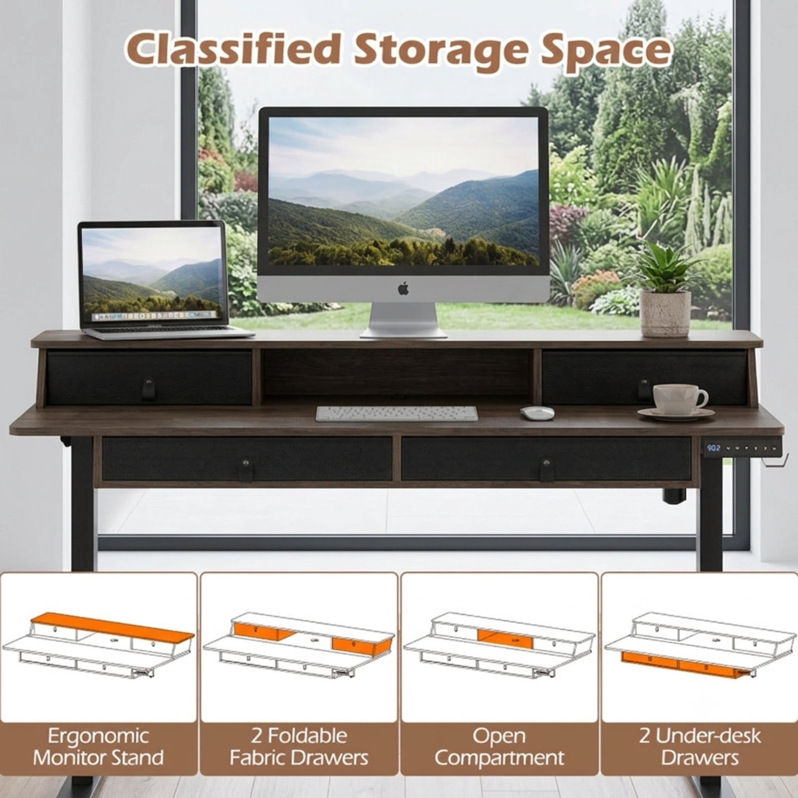 Furnibear 55 x 27 Inch Electric Standing Desk with 4 Drawers Monitor Stand Child Lock and Cable Management for Home Office, Black