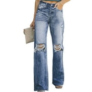 Aleumdr Women's High Waisted Jeans Butt Lift Stretch Ripped Jeans Juniors Girls Blue Distressed Denim Pants XL 16 18