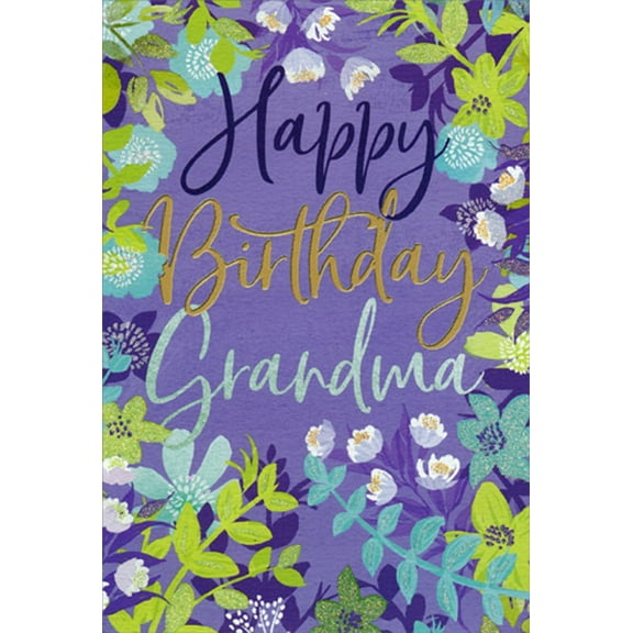 Pictura Green and Blue Wildflowers Border on Purple Birthday Card for Grandma
