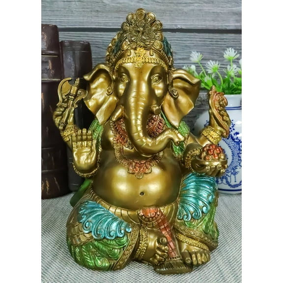 Seated Hindu God Ganesha Ganapati Holding Trident Axe and Modaka Bowl Figurine