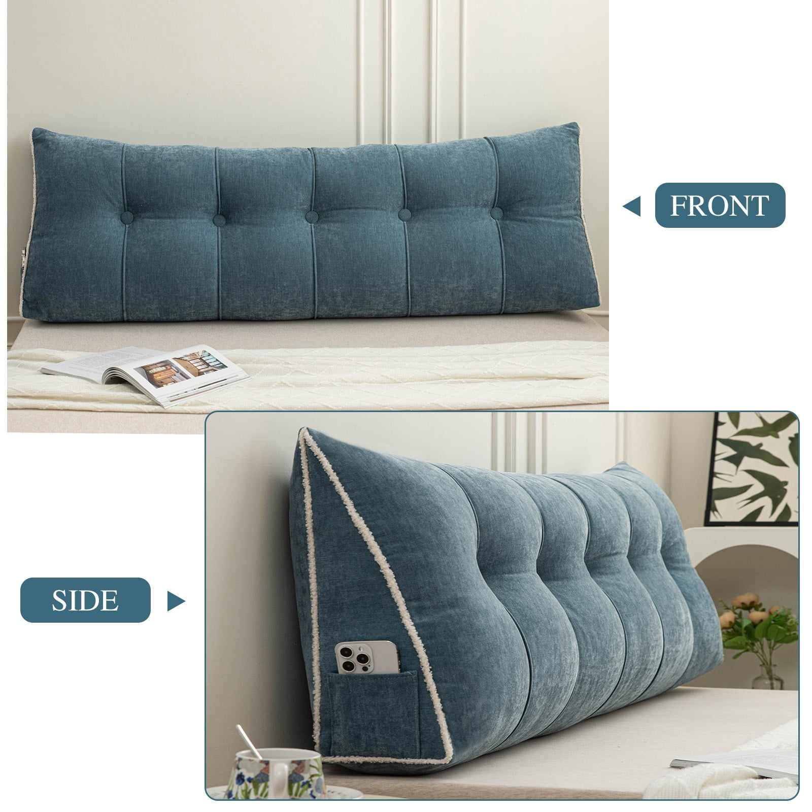 Lovote Triangular Headboard Pillow with Side Pockets, Chenille Fabric, Bed Rest Reading Pillow, Removable & Washable Cover, Contrasting-Color Fabric Piping, Daybed Wedge Pillow for Queen Beds