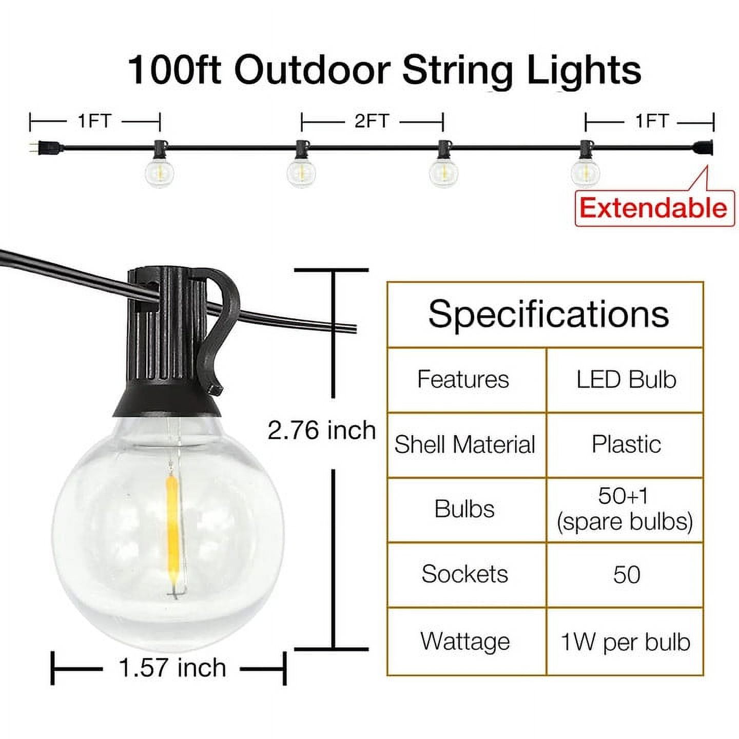 DAYBETTER Outdoor String Lights,100ft,with 50 G40 Edison Vintage Bulbs,Waterproof for Patio Garden Gazebo Bistro Cafe Backyard - image 3 of 10