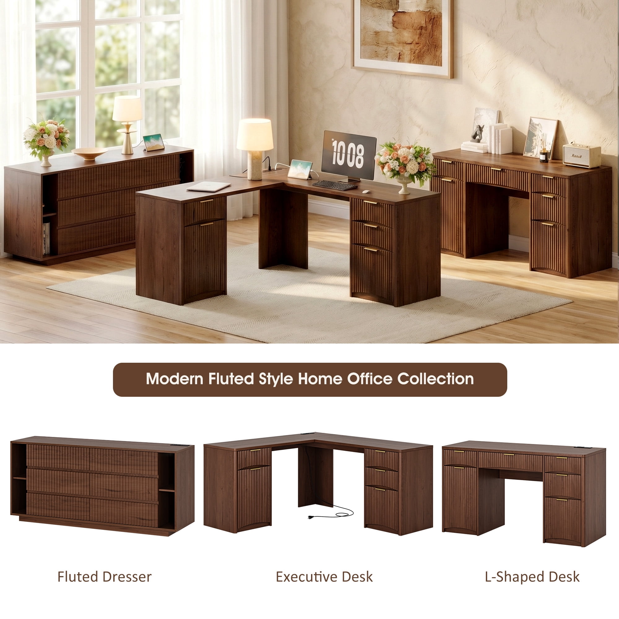 63'' Fluted L Shaped Desk with Drawers, Corner Computer Desk with Storage, Modern Executive Home Office Desk with File Cabinet and Charging Station, Walnut