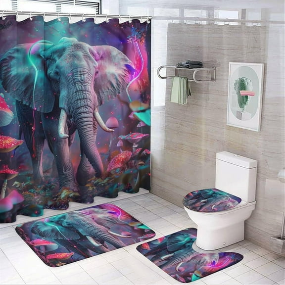 4Pcs Fantasy Elephant Shower Curtain Set with Rugs, Toilet Lid Cover and Bath Mat, Gothic Mushroom Forest Abstract Animal Bathroom Curtains Decor Shower Curtains, 72" x 72"