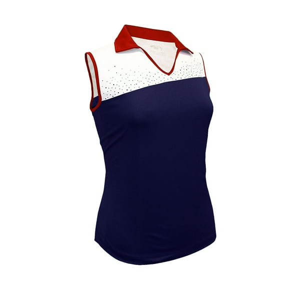 Monterey Club Women's Rhinestones Contrast Block Sleeveless Golf Polo Shirt #2093