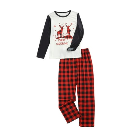 

Christmas Family Matching Pajamas White Long Sleeve Elk Printed Pattern Tops and Plaid Pants