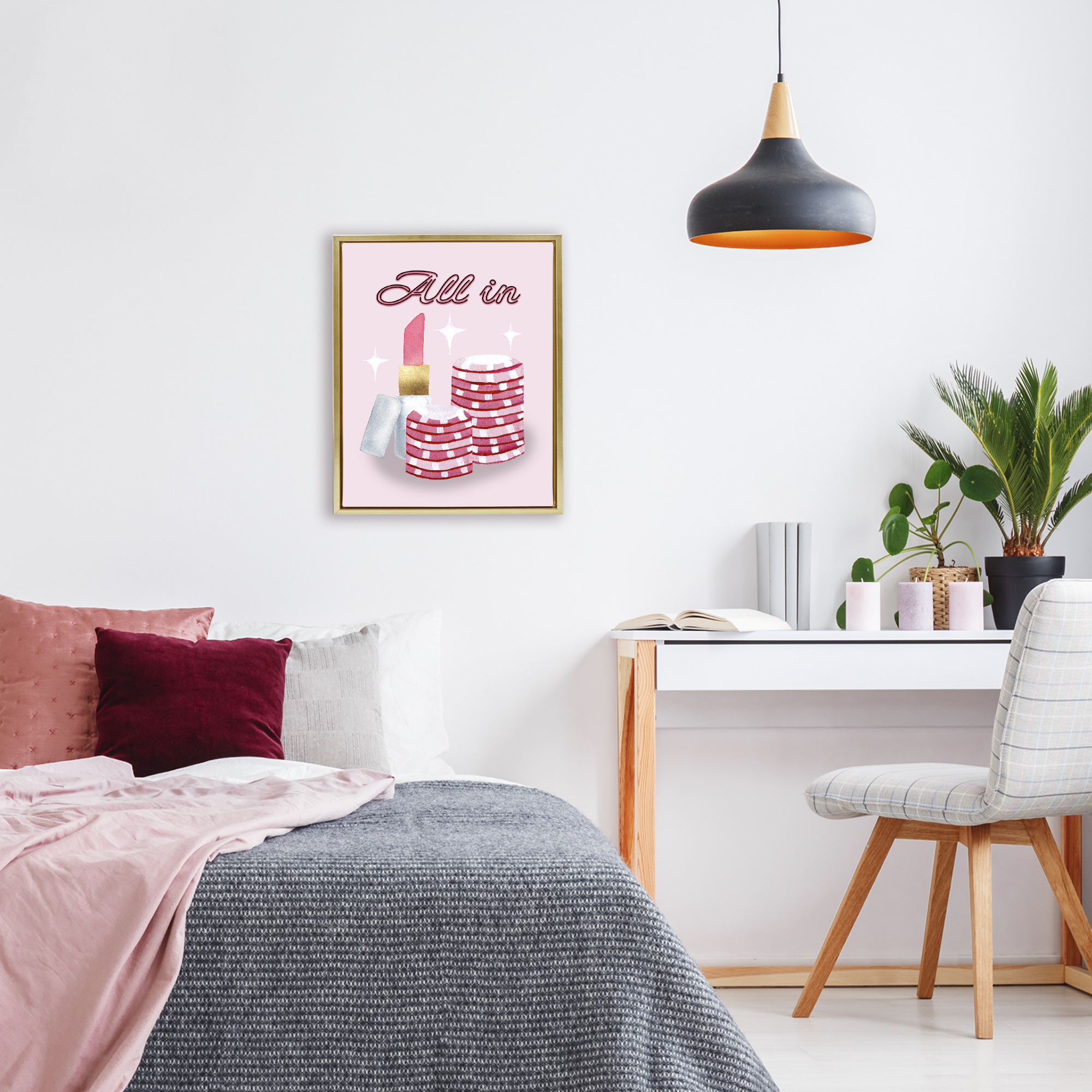All In Poker Chips & Lipstick Gold Framed Floater Canvas Wall Art, design by Nina Jacobs