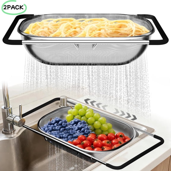 YUOFD Expandable Over The Sink Colander Set，6 & 8 Qt Large Collapsible Strainer Basket，Stainless Steel Colander Strainer for Pasta with Non-Slip Handles, Collapsible fruit & Vegetable Basket