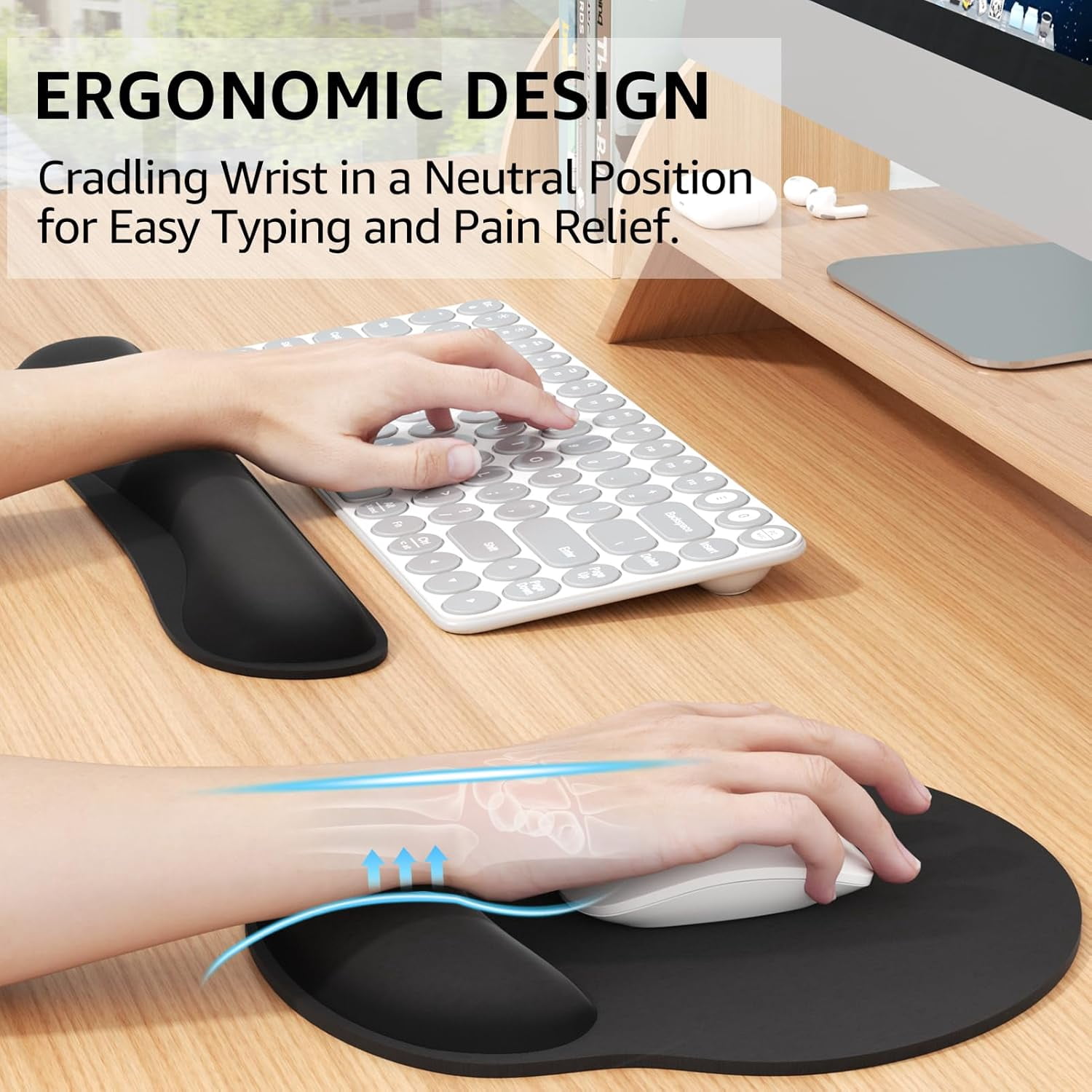 Ergonomic Keyboard Wrist Rest and Mouse Pad with Set, Memory Foam Support for Typing, Gaming, Office Home Use, Black